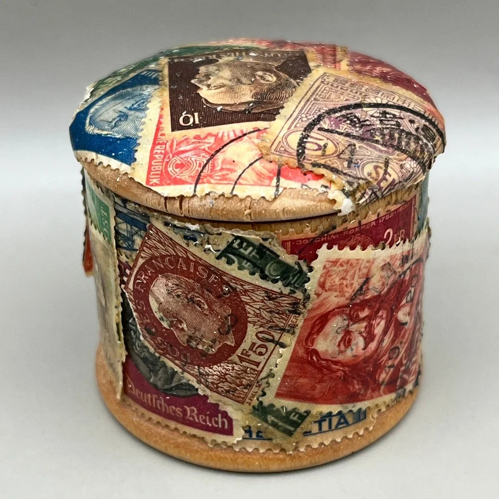Vtg Decoupage Wooden Stamp Box International Philately Folk Art Trinket Jar 2